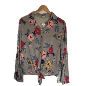 Iris Gray White Multi Stripe Floral Bell Sleeve Button Down Tie Front Blouse 2XL